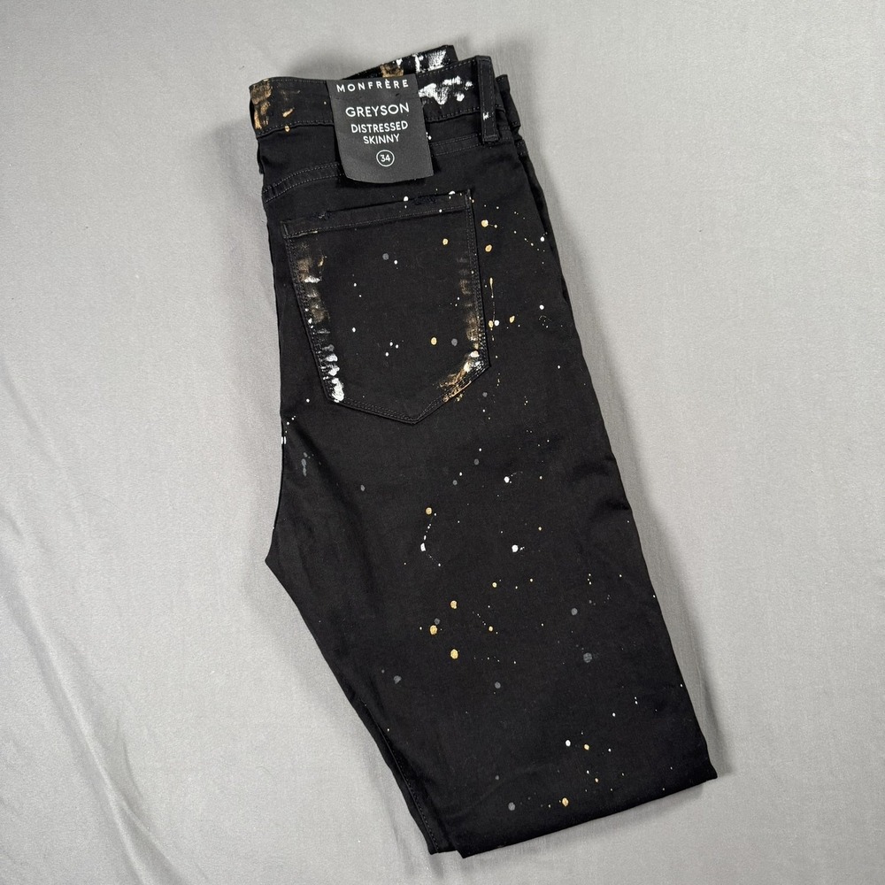 Monfrere Greyson Jeans Mens 34‎ Distressed Skinny Paint Splatter Soho Noir USA